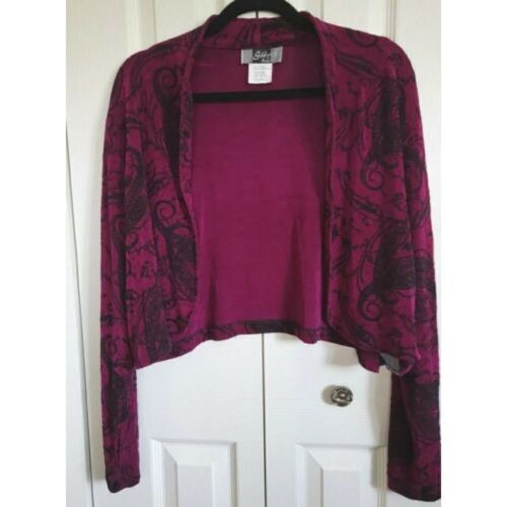 Slinky Brand‎ Open Front Bolero Jacket Paisley Stretch Size Large USA Purple/Blk